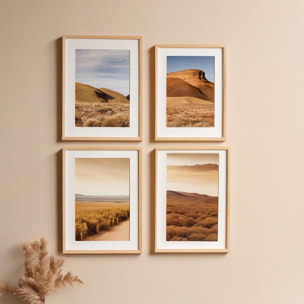 Three framed landscape photographs arranged on a wall